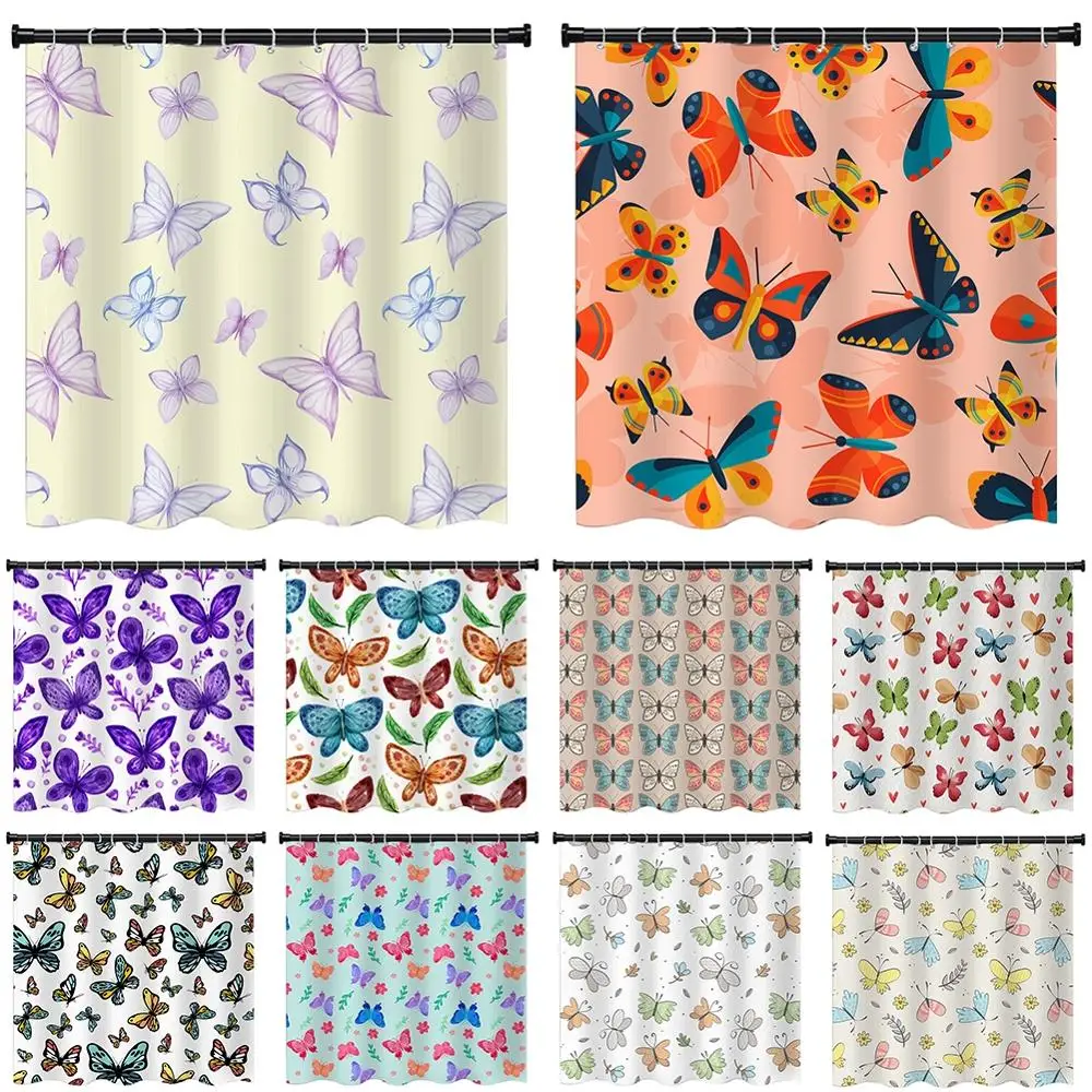 

New Fashion Style Bath Anti-Mold Shower Curtain Quality Bathroom Butterfly Pattern Decor 3D Printing Waterproof With Hook