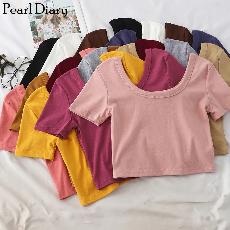 

Pearl Diary Knit Cotton Crop Tee Summer Scoop Front and Back Neck Crop Top Slim Fitted Crop Tee Going Out Crop Tops For Women