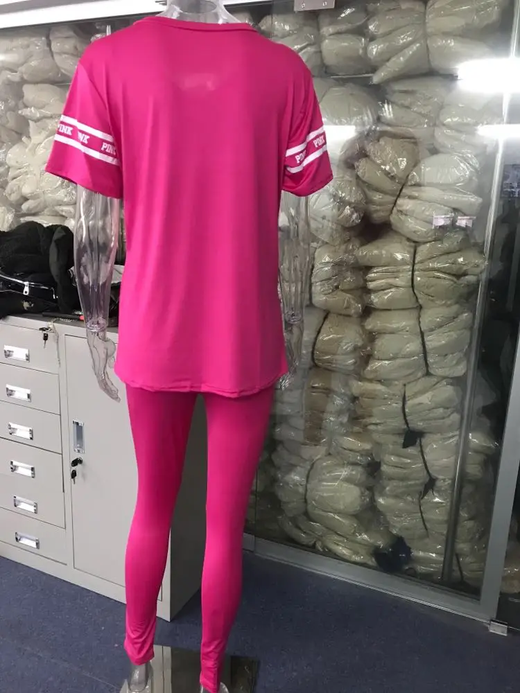 Модная повседневная женская одежда с коротким рукавом, розовые спортивные костюмы с буквенным принтом, комплект из 2 предметов, женский спортивный костюм, комплект из двух предметов, топ и штаны
