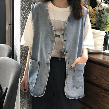 

Simple Chic 2020 Women Vests Jackets Autumn Sleeveless Solid Soft Fashion Popular Work Outwear Denim Blue Vest