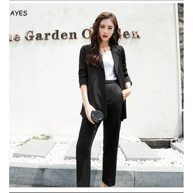 

Chic Women Blazer Pant Suits 2020 Autumn Winter Women Elegant Double-Breasted Black Blazer Suit Solid Slim Office Lady Work Wear