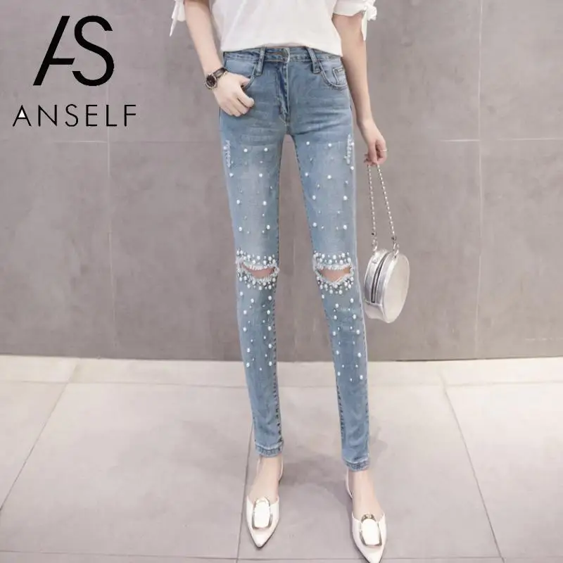 2020 Autumn Women Pencil Jeans Washed Denim Pants Beading Ripped Holes Mid Waist Pockets Zipper Sexy Skinny female trouser | Женская