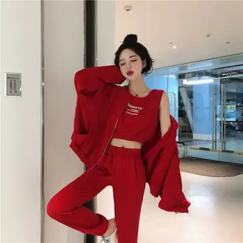 

Luck A Women Autumn Jackets+Long Pants+Letter Tank 3 Pieces Sport Wear Ladies Suits Casual Street Female Loose Tracksuit Sets