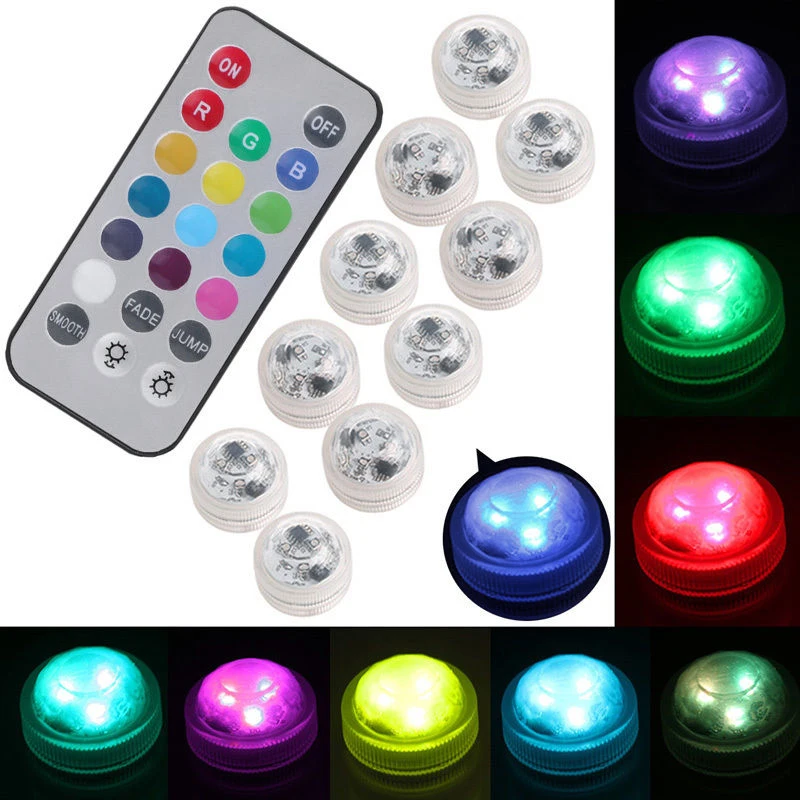 10Pc Submersible LED Lights Waterproof Color Remote Lamp for Wedding Party Decor Fish Tank Lights