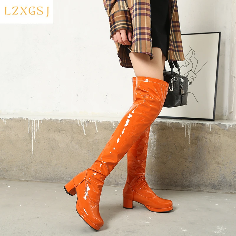 Botas por encima de la rodilla de cuero para mujer, zapatos de tacón medio a la moda, Sexy, color blanco y naranja, Botas Largas, novedad de invierno, 2021