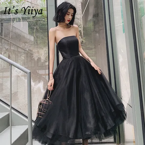 Vestidos de Baile Vestidos de Gala sem Alças sem Mangas Yiiya Tamanho Grande Pouco Chá Preto Comprimento Vestido Formal Feminino E1353 é