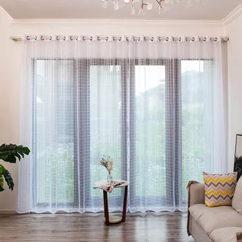 

Colorful Transparent Gauze Long Curtain Bedroom Living Room Balcony Window Simple Decorations Grids Perforated Curtain B