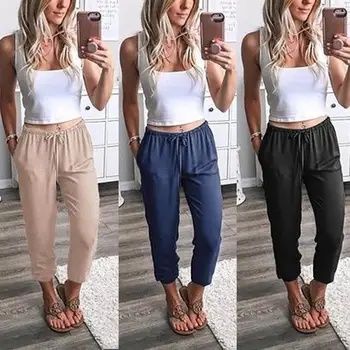 

2019 New Women Casual Solid Color Drawstring Waistband Ninth Pants Loose Long Pants
