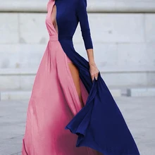 Женское элегантное осеннее модное Открытое платье, сексуальное вечернее платье макси, платье с цветными блоками и длинным рукавом, Платье макси с высоким разрезом
