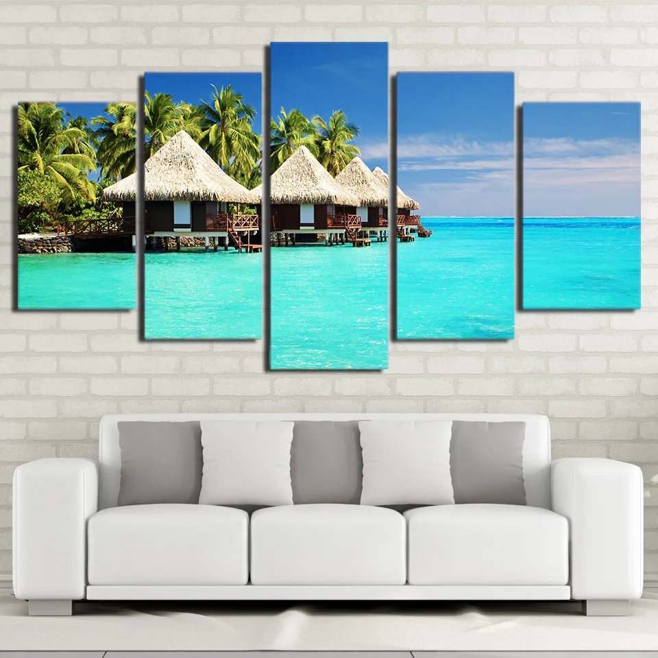Beautiful Tropical Ocean Beach Palm Trees Framed 5 Piece Canvas Wall Art 