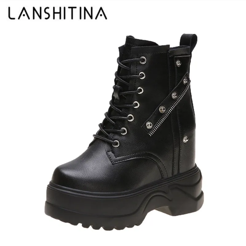

Black Boots Women Winter Shoes 2019 Fashion Hidden Heels Motorcycle Boots Ladies Platform Leather Ankle Boots Keep Warm Sneakers