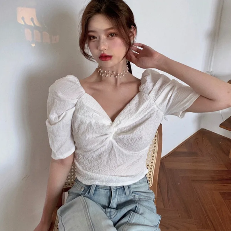 Women's Solid Color Elegant Blouses Short Sleeve Ladies Summer V Neck Shirt Korean Style Tops 2020 5