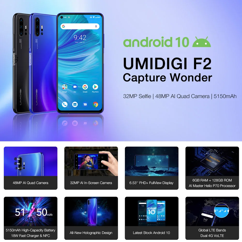 UMIDIGI F2 Android 10 6,53 дюймов FHD+ 6 ГБ 128 ГБ 48MP AI Quad камера 32 МП Helio P70 Восьмиядерный 5150 мАч NFC глобальная версия смартфона