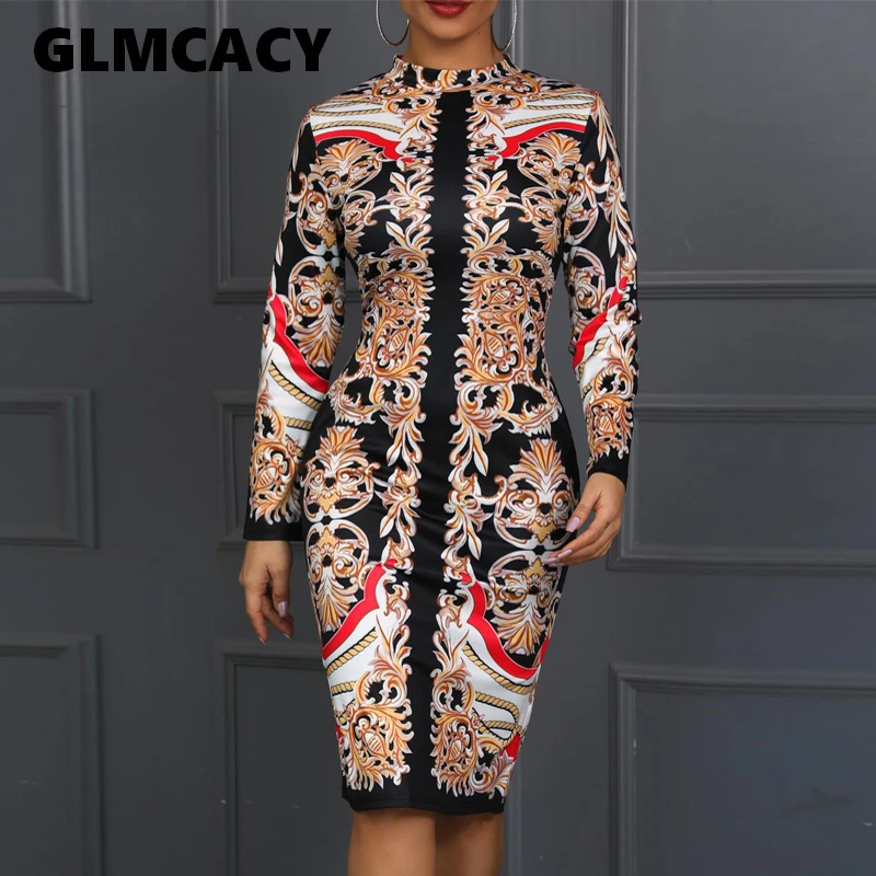 

Women Long Sleeve Turtleneck Elegant Party Dress Sexy Vintage Court Ethnic Printed Bodycon Dress Classy Lady Midi Vestidos