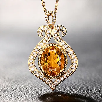 

Vintage luxury yellow crystal citrine gemstones diamond pendant necklaces for women gold tone choker bijoux jewelry Arabia royal
