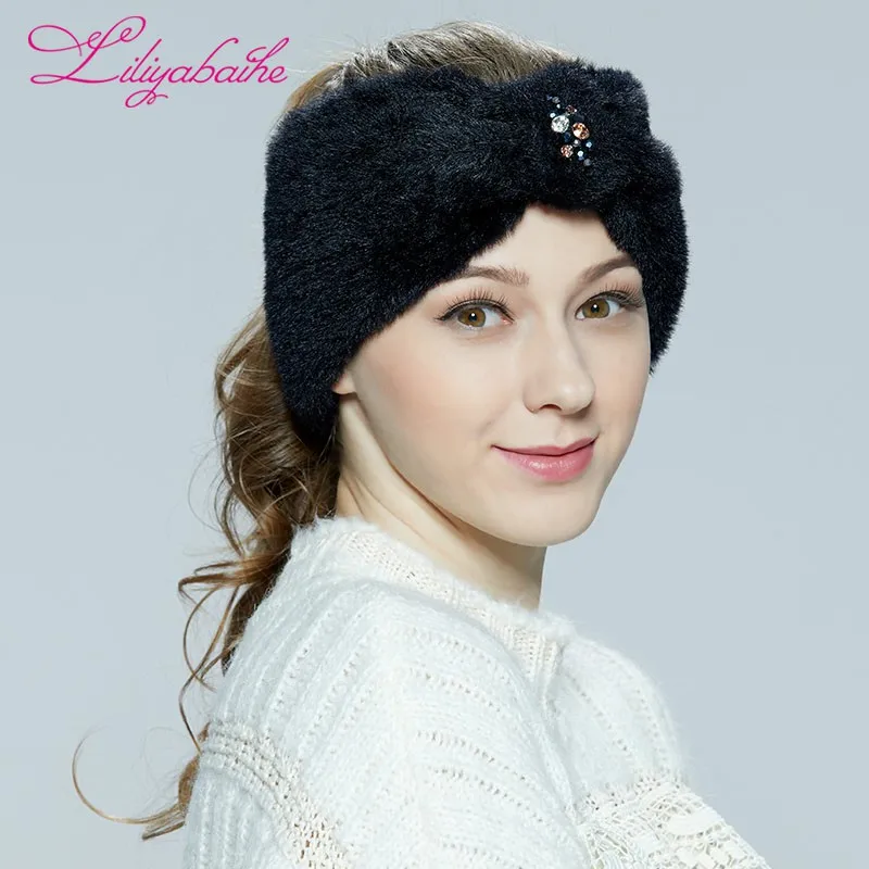 liliyabaihe Женская ПОВЯЗКА ангора и Искусственный мех мода камень украшения Для девушки - Цвет: C01