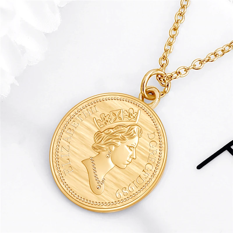 Creative Gold Silver Color Queen Elizabeth II Avatar Coin Pendant Necklaces Choker For Women Fashion Round Charm Necklaces