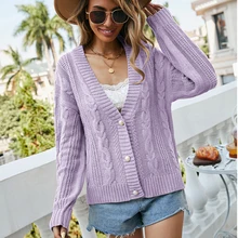 

2021 Autumn and Winter Women's Button Knit Cardigan Fashion Casual Sweater Coat Solid Color One-Word Neck Long-Sleeved Tops