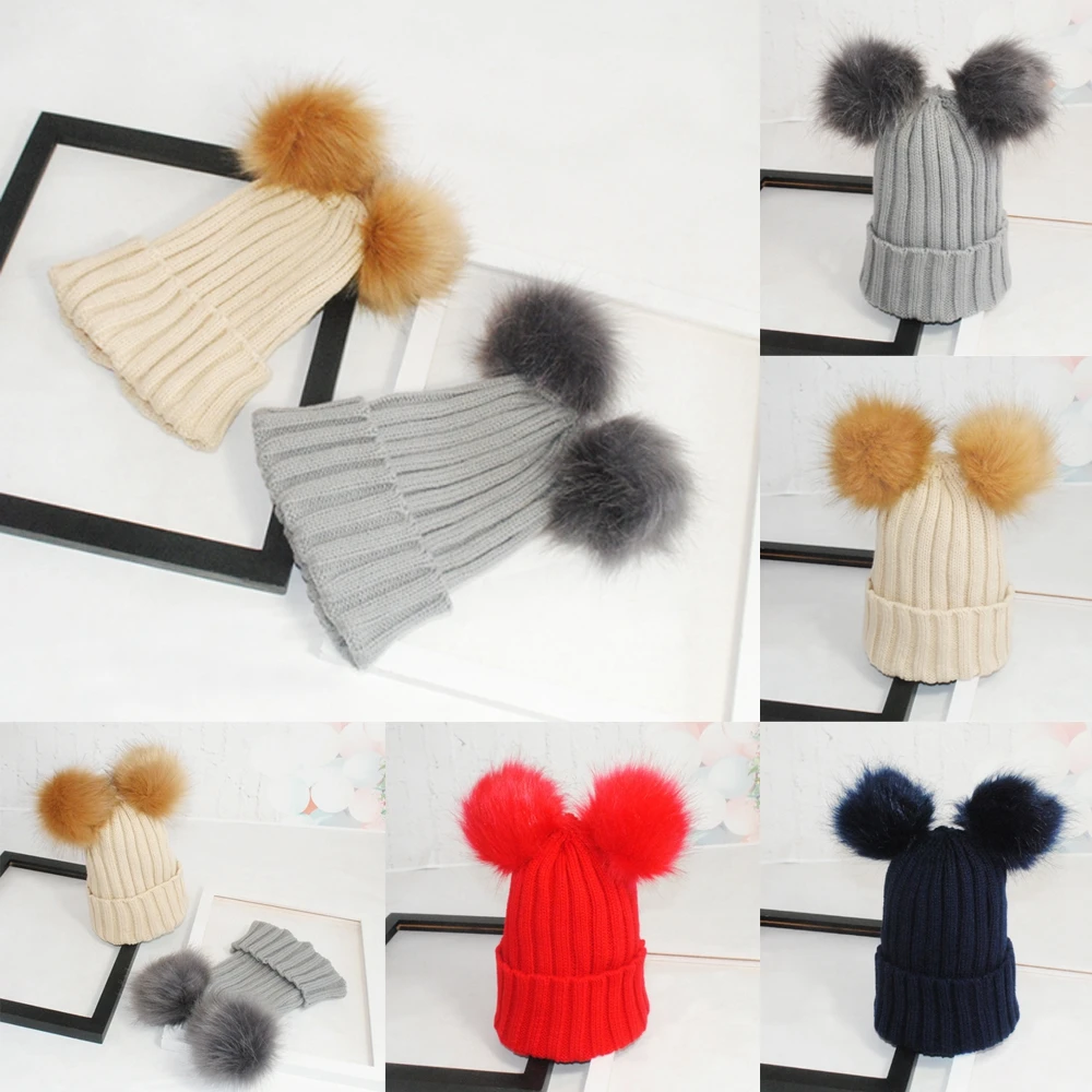 Женская зимняя шапка Skullies, уличная вязаная шапка с двойным меховым помпоном, милая шапка