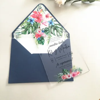 

10pcs Navy Blue Envelop Wedding Acrylic Invitation Card Elegant Plexiglass Wedding Favor Engagement Cards Design with Green Leaf
