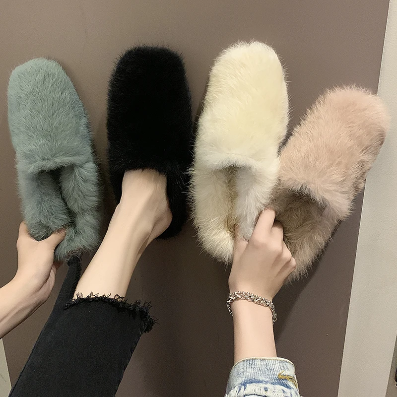 

Slippers Fur Women Shoes 2019 Low Cover Toe Slides Flock Fashion Plush New Flat Winter Luxury with fur Basic Rubber Short