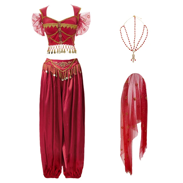 Festival Arabian Princess Costumes Indian Dance Embroider Bollywood Jasmine Costume Party Cosplay Jasmine Princess Fancy Outfit Red 1 - 4 pcs Set