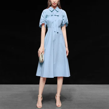 

Seifrmann Women Summer Fashion Runway A-Line Dress Short Sleeve Bow Draped Solid Printed Female Party Midi Dresses vestidos 2020