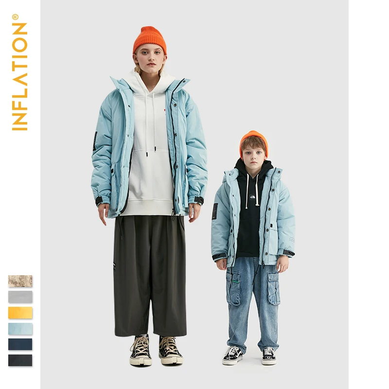 

INFLATION Family Matching Outfits 2019 Winter Father & Son Warm Down Jacket Streetwear Windbreaker Solid Outwear Family Coat