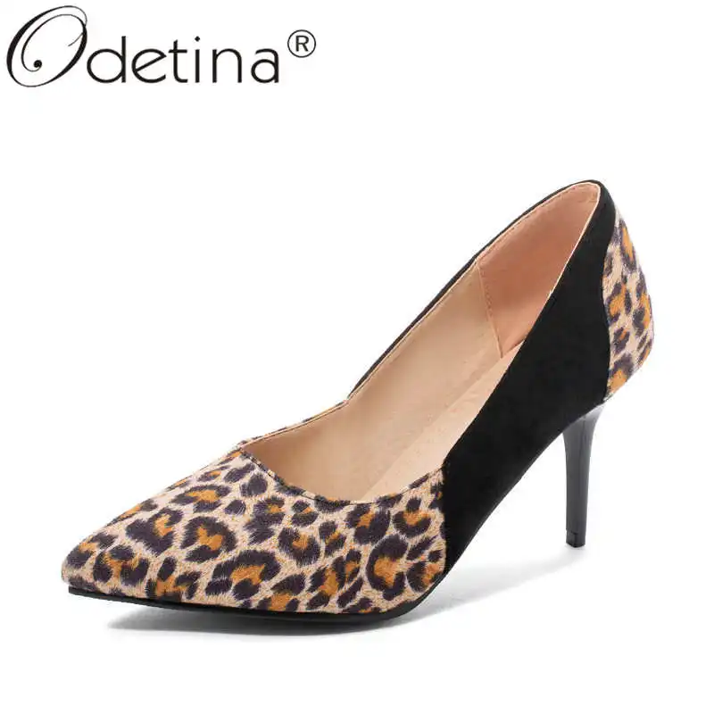 

Odetina Women Fashion Stiletto High Heel Office Lady Dress Shoes Female Faux Suede Sexy Leopard Slip On Pointed Toe Party Shoes