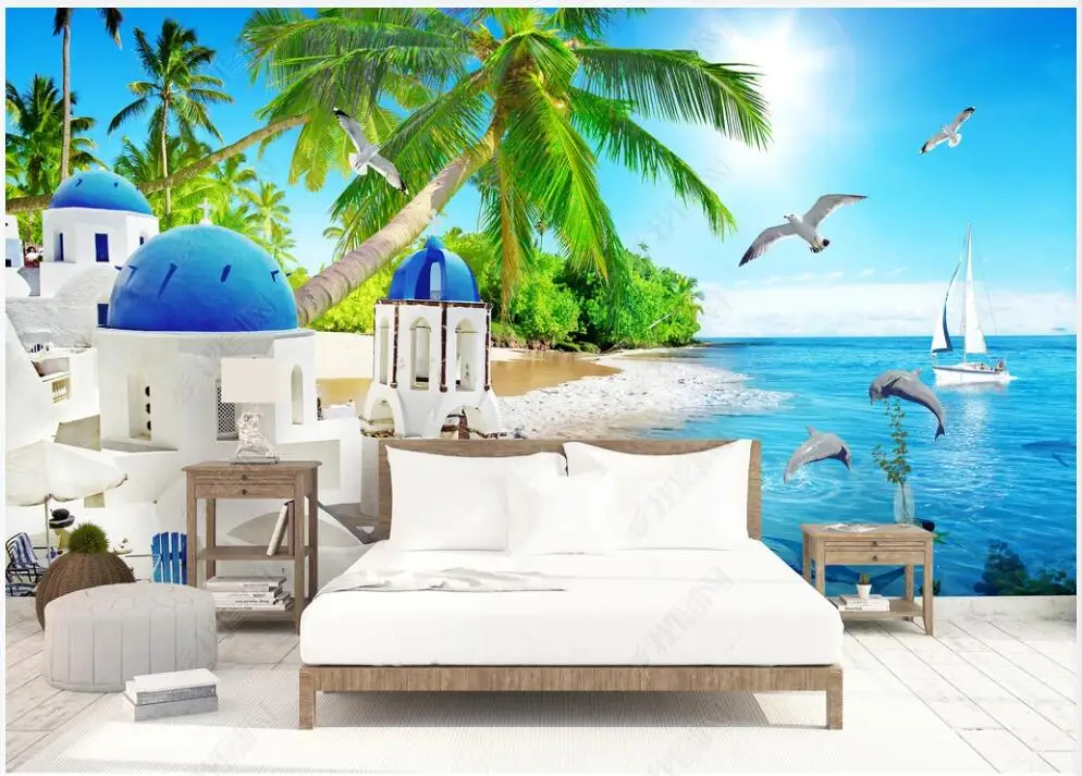 

3d фотообои для стен в рулонах, фотообои на заказ, Европейский замок, море, кокосовое дерево, пейзаж, гостиная, домашний декор, обои
