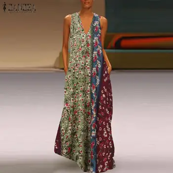 

ZANZEA Vintage Floral Printed Sundress 2020 Summer V Neck Sleeveless Beach Long Dress Cotton Linen Vestido Robe Femme Sarafans