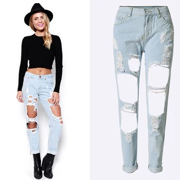 

2020 High Waist Jeans Women Fashion Bleached Ripped Jeans Loose Hole Denim Elasticity Pants Moustache Effect Vintage Jeans Femme