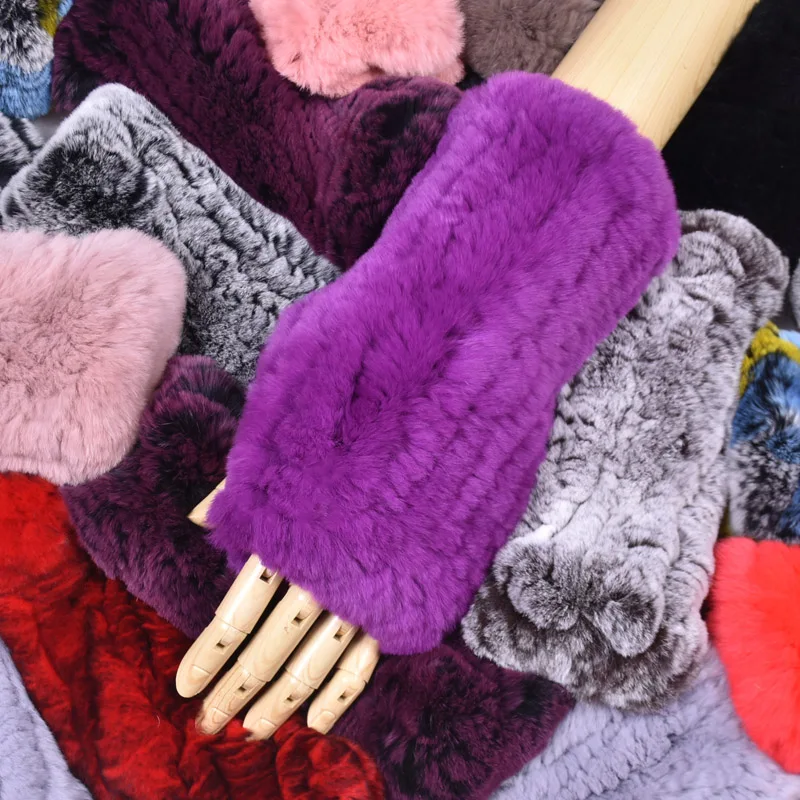 Autumn and Winter Real Rex Rabbit Fur Half Finger Gloves for Women Keep Warm Lovely Hand Woven High Elastic Wristband Mittens