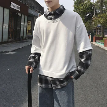 

Men's False Two Piece Coats Male Tide Trend Pullover Lovers Loose Hip Hop Loose Clotehs Hoodies Cotton Casual Sweatshirt M-2XL