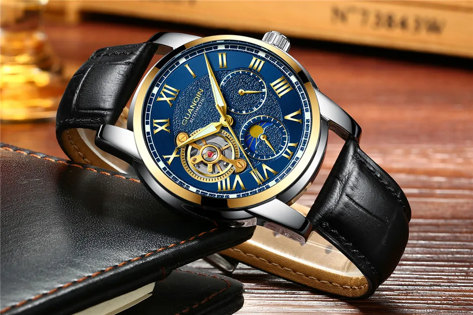 GUANQIN механические наручные часы для мужчин Automatic Tourbillon Роскошные Брендовые мужские часы-Скелетон полностью стальные часы бизнес класса Relogio