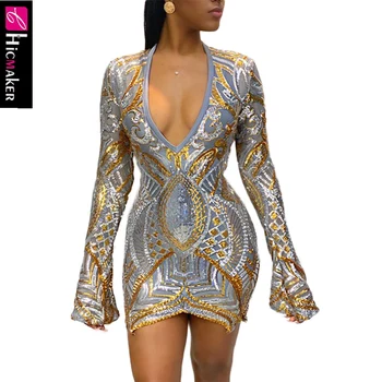 

Women Plus Size Sequined Plunge Bodycon Dress Long Sleeve Glitter Shining Sparkly Night Out Cocktail Party Vestido