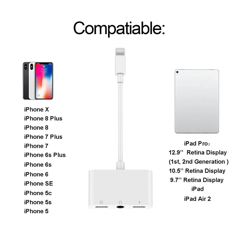 3 в 1 Зарядка и аудио адаптер для iPhone 7 8 Plus X iPAD iOS 9,2 10 11 12 наушники кабель Поддержка музыки/зарядка/звонок на светильник
