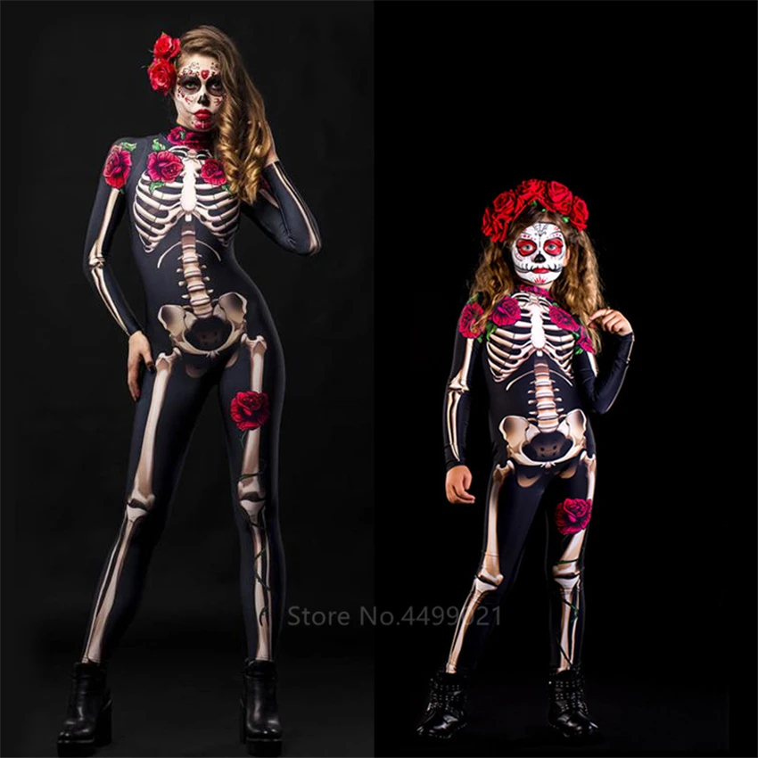Purim Rose Skull Adult Kids Horror Costume Halloween Dress Cosplay Jumpsuit Carnival Party Girl Jumpsuit Day of The Dead