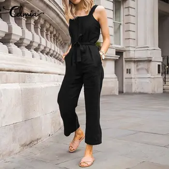 

2020 Celmia Summer Women Rompers Vintage Long Jumpsuits Casual Sleeveless Backless Belted High Waist Playsuit Solid Overalls 5XL