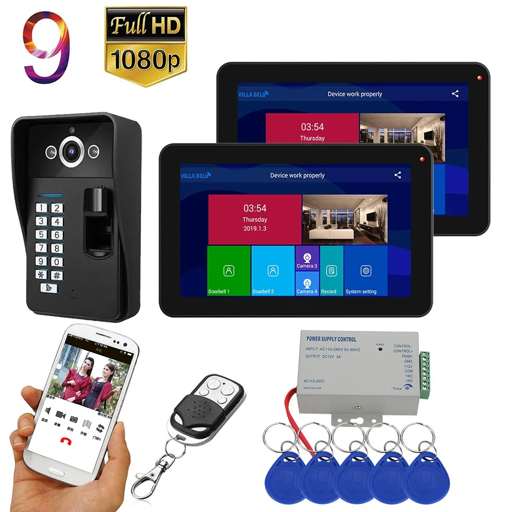 9 inch 2 Monitors Wifi Wireless Fingerprint RFID Video Door Phone Doorbell Intercom System with Wired AHD 1080P Door Access