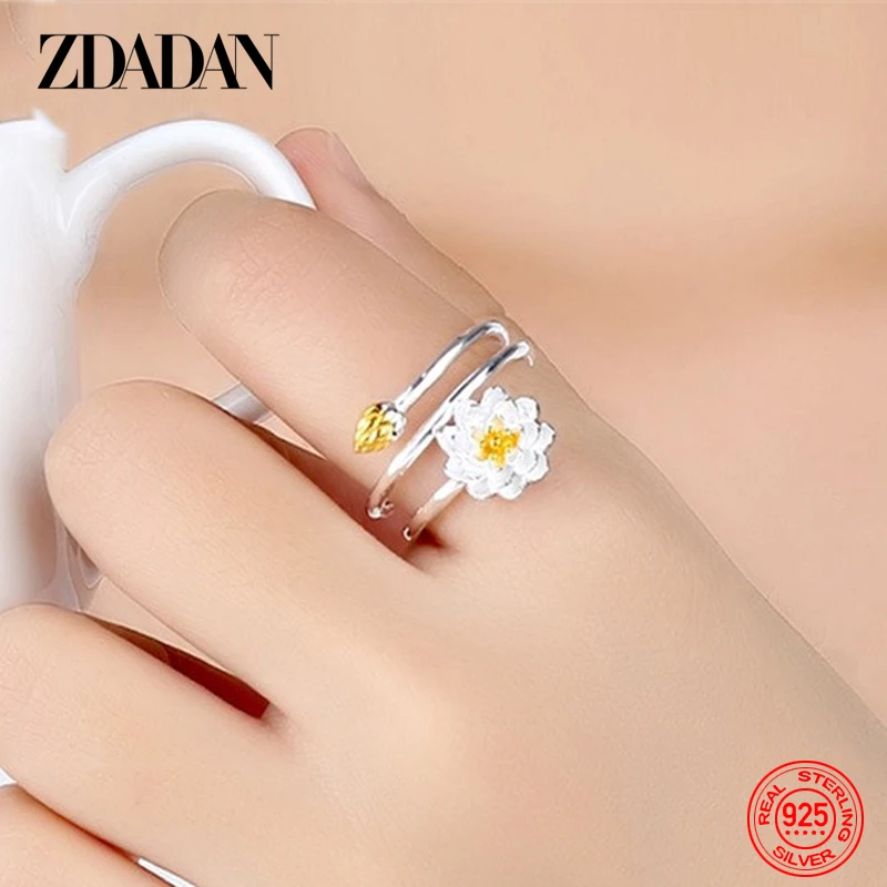 ZDADAN 참 로터스 링 여성용 패션 오픈 조절 가능한 손가락 반지 보석 선물