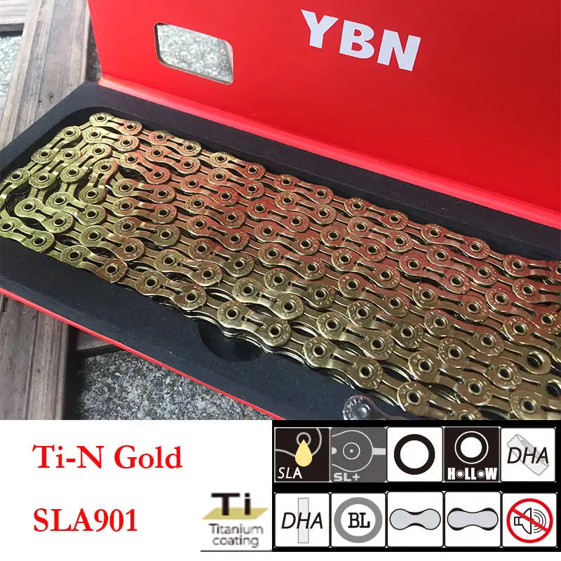 YBN SLA 9 скоростей Ti покрытие велосипедная цепь для Brompton SHIMANO Campagnolo SRAM 9 S 27S сеть MTB полный полый Сверхлегкий 116 звено - Цвет: Ti-N gold