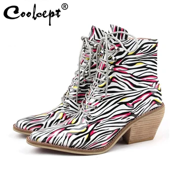 

Coolcept New Ankle Boots Women Winter Fashion Zebra Print Shoes Women Warm Western High Heeled Footwear Size 35-43
