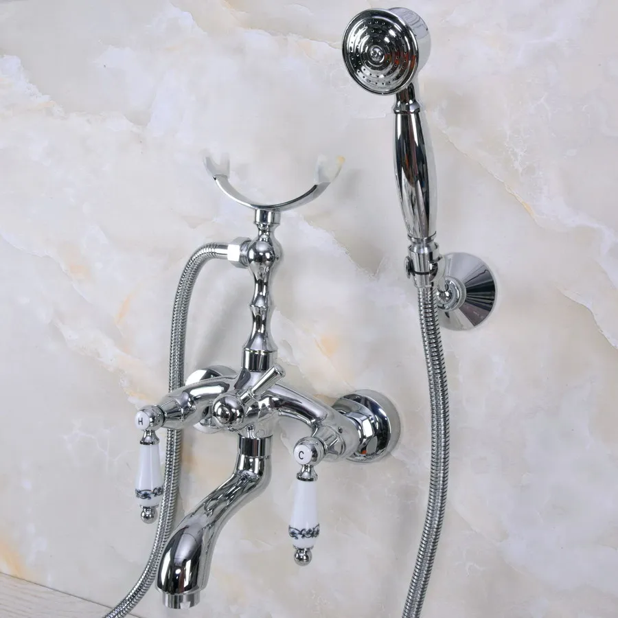 Polished Chrome Wall Mounted Bathroom Clawfoot Bathtub Faucet & Hand