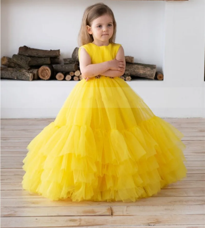 

Yellow Tulle Cupcake Flower Girl Dress Princess Party Pageant Long Gown Kids Dresses for Girls Formal Clothes