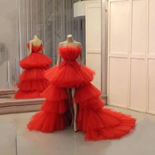 

Red Fashion Charming Fluffy Party Dress Strapless Sleeveless Tulle Tiered Hi Lo Ball Gown Women Evening Prom Gowns Custom Made