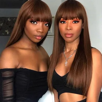 

Copper Brown Color 13x6 Lace Front Human Hair Wigs With Pre Plucked Brazilian 360 Remy Hair Straight with bangs Lace Frontal Wig