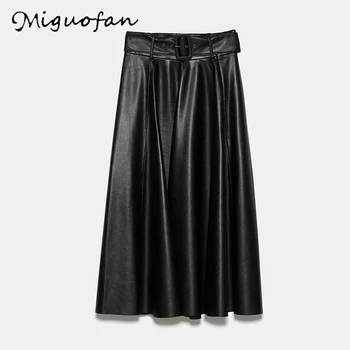 

Miguofan women skirts PU leather skirt black midi skirt bow tie belt zipper A line female basic vintage fashion skirts mujer