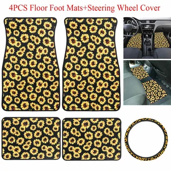 

5PCS Car Sunflower Printed Floor Mats Front Rear Steering Wheel Cover Non-Slip Neoprene Wear Resistant Auto Interior Accessories