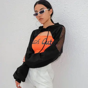

Hot Sale Fashion Pullover Club Wear Streetwear Cropped Hoodie Women Sexy Mesh Fish Net Hooded Chest Hollow Sweatshirt Tops